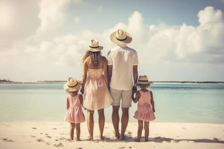 happy family on a summer vacation, seen from behind. They are walking together, with their arms linked, and appear to be enjoying themselves.の写真素材