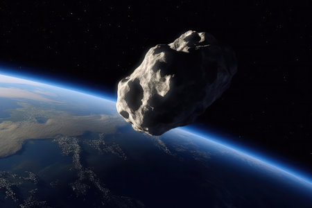 a dramatic scene of an asteroid on a collision course with the Earth, with a satellite crashing into the asteroid in a desperate attempt to divert its trajectory.の写真素材