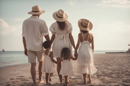 happy family on a summer vacation, seen from behind. They are walking together, with their arms linked, and appear to be enjoying themselves.の写真素材