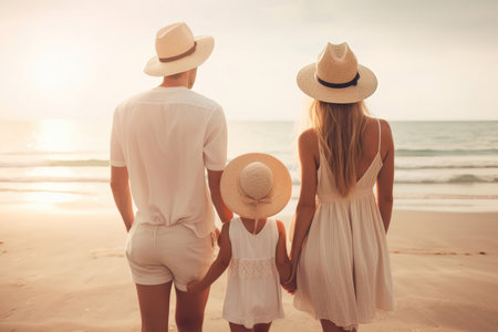 happy family on a summer vacation, seen from behind. They are walking together, with their arms linked, and appear to be enjoying themselves.の写真素材