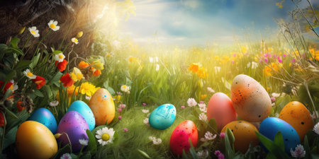 Easter background is a burst of vibrant colors that represent the joy and renewal of the season. The image features a mix of pastel colors such as pink, yellow, and green, along with bright shades of orange and blue.の写真素材