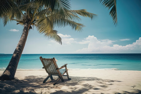 a beach chair placed on a pristine tropical beach, overlooking the clear turquoise waters of the sea. The beach chair is shown in vivid detail, with its bright colors and inviting design inviting the viewer to relax and unwind. The sea beyond is crystal clear, with gentle waves lapping against the shore and palm trees swaying in the breeze.の写真素材