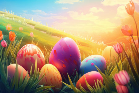 Easter background is a burst of vibrant colors that represent the joy and renewal of the season. The image features a mix of pastel colors such as pink, yellow, and green, along with bright shades of orange and blue.の写真素材