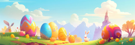 Easter background is a burst of vibrant colors that represent the joy and renewal of the season. The image features a mix of pastel colors such as pink, yellow, and green, along with bright shades of orange and blue.の写真素材