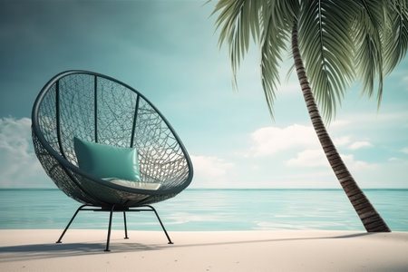 a beach chair placed on a pristine tropical beach, overlooking the clear turquoise waters of the sea. The beach chair is shown in vivid detail, with its bright colors and inviting design inviting the viewer to relax and unwind. The sea beyond is crystal clear, with gentle waves lapping against the shore and palm trees swaying in the breeze.の写真素材