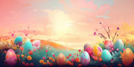 Easter background is a burst of vibrant colors that represent the joy and renewal of the season. The image features a mix of pastel colors such as pink, yellow, and green, along with bright shades of orange and blue.の写真素材