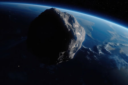 a dramatic scene of an asteroid on a collision course with the Earth, with a satellite crashing into the asteroid in a desperate attempt to divert its trajectory.の写真素材