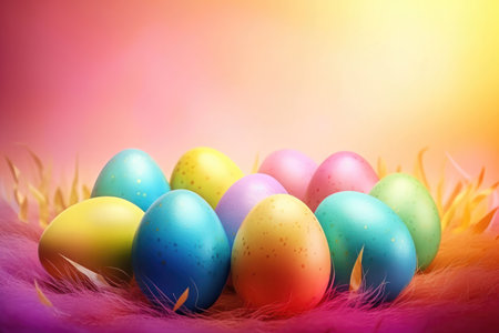 Easter background is a burst of vibrant colors that represent the joy and renewal of the season. The image features a mix of pastel colors such as pink, yellow, and green, along with bright shades of orange and blue.の写真素材