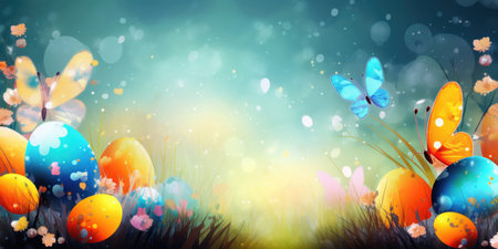 Easter background is a burst of vibrant colors that represent the joy and renewal of the season. The image features a mix of pastel colors such as pink, yellow, and green, along with bright shades of orange and blue.の写真素材