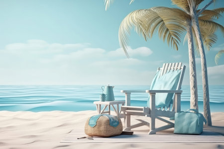 a beach chair placed on a pristine tropical beach, overlooking the clear turquoise waters of the sea. The beach chair is shown in vivid detail, with its bright colors and inviting design inviting the viewer to relax and unwind. The sea beyond is crystal clear, with gentle waves lapping against the shore and palm trees swaying in the breeze.の写真素材