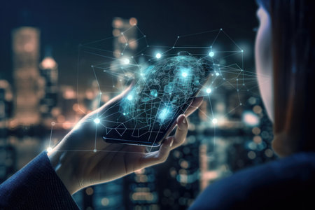 a close-up of a polygonal brain shape, symbolizing artificial intelligence (AI), with various Internet of Things (IoT) icons surrounding it in a futuristic smart city.の写真素材