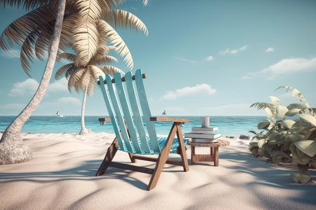 a beach chair placed on a pristine tropical beach, overlooking the clear turquoise waters of the sea. The beach chair is shown in vivid detail, with its bright colors and inviting design inviting the viewer to relax and unwind. The sea beyond is crystal clear, with gentle waves lapping against the shore and palm trees swaying in the breeze.の写真素材