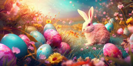Easter background is a burst of vibrant colors that represent the joy and renewal of the season. The image features a mix of pastel colors such as pink, yellow, and green, along with bright shades of orange and blue.の写真素材
