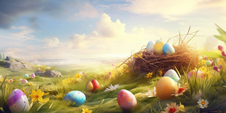 Easter background is a burst of vibrant colors that represent the joy and renewal of the season. The image features a mix of pastel colors such as pink, yellow, and green, along with bright shades of orange and blue.の写真素材