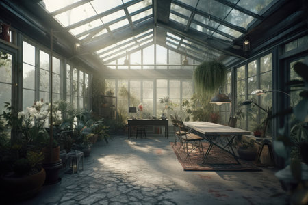 a glass greenhouse in stunning detail, allowing viewers to explore every aspect of this fascinating structure. The use of glass in the construction of the greenhouse allows natural light to flood the interior, highlighting the many plants and flowers growing inside. The level of detail in the image is impressive, with every leaf, stem, and flower petal rendered in intricate detail.の素材 [FY310200773355]