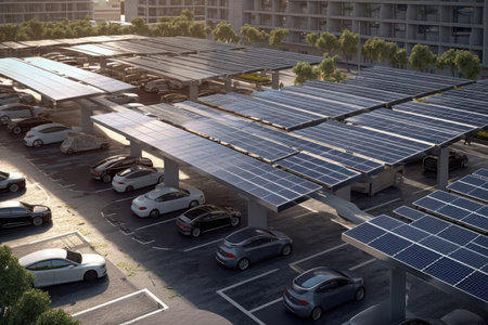 a parking lot with a row of electric car charging stations that are powered by solar panels installed above them. The solar panels absorb sunlight and convert it into electricity, which is then used to charge the electric cars.の写真素材