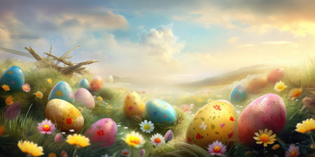 Easter background is a burst of vibrant colors that represent the joy and renewal of the season. The image features a mix of pastel colors such as pink, yellow, and green, along with bright shades of orange and blue.の写真素材