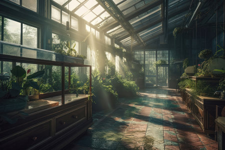 a glass greenhouse in stunning detail, allowing viewers to explore every aspect of this fascinating structure. The use of glass in the construction of the greenhouse allows natural light to flood the interior, highlighting the many plants and flowers growing inside. The level of detail in the image is impressive, with every leaf, stem, and flower petal rendered in intricate detail.の写真素材