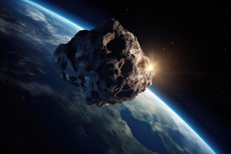 a dramatic scene of an asteroid on a collision course with the Earth, with a satellite crashing into the asteroid in a desperate attempt to divert its trajectory.の写真素材