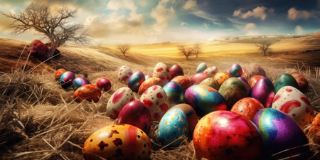 Easter background is a burst of vibrant colors that represent the joy and renewal of the season. The image features a mix of pastel colors such as pink, yellow, and green, along with bright shades of orange and blue.の写真素材