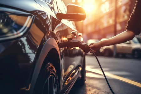 a hand holding a charging cable plugged into a modern electric car battery on a street. The futuristic electric vehicle, which is eco-friendly and emits no pollutants, represents the future of the automobile industry.の写真素材