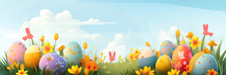 Easter background is a burst of vibrant colors that represent the joy and renewal of the season. The image features a mix of pastel colors such as pink, yellow, and green, along with bright shades of orange and blue.の写真素材