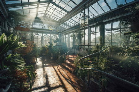 a glass greenhouse in stunning detail, allowing viewers to explore every aspect of this fascinating structure. The use of glass in the construction of the greenhouse allows natural light to flood the interior, highlighting the many plants and flowers growing inside. The level of detail in the image is impressive, with every leaf, stem, and flower petal rendered in intricate detail.の写真素材