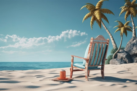 a beach chair placed on a pristine tropical beach, overlooking the clear turquoise waters of the sea. The beach chair is shown in vivid detail, with its bright colors and inviting design inviting the viewer to relax and unwind. The sea beyond is crystal clear, with gentle waves lapping against the shore and palm trees swaying in the breeze.の写真素材