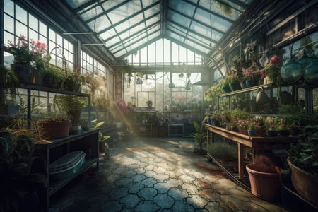 a glass greenhouse in stunning detail, allowing viewers to explore every aspect of this fascinating structure. The use of glass in the construction of the greenhouse allows natural light to flood the interior, highlighting the many plants and flowers growing inside. The level of detail in the image is impressive, with every leaf, stem, and flower petal rendered in intricate detail.の写真素材