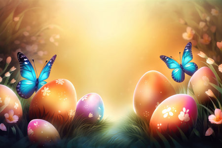 Easter background is a burst of vibrant colors that represent the joy and renewal of the season. The image features a mix of pastel colors such as pink, yellow, and green, along with bright shades of orange and blue.の写真素材