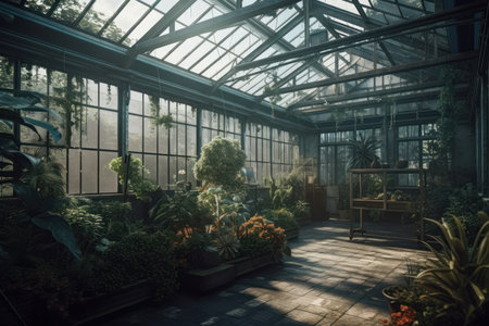 a glass greenhouse in stunning detail, allowing viewers to explore every aspect of this fascinating structure. The use of glass in the construction of the greenhouse allows natural light to flood the interior, highlighting the many plants and flowers growing inside. The level of detail in the image is impressive, with every leaf, stem, and flower petal rendered in intricate detail.の写真素材