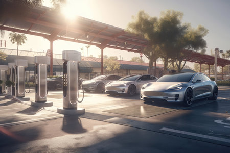 a parking lot with a row of electric car charging stations that are powered by solar panels installed above them. The solar panels absorb sunlight and convert it into electricity, which is then used to charge the electric cars.の写真素材