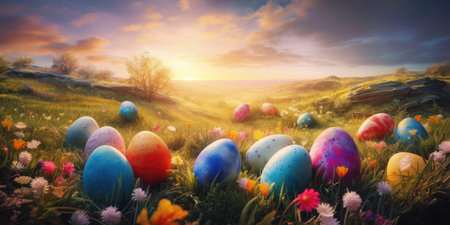 Easter background is a burst of vibrant colors that represent the joy and renewal of the season. The image features a mix of pastel colors such as pink, yellow, and green, along with bright shades of orange and blue.の写真素材
