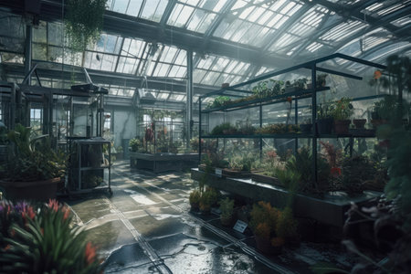 a glass greenhouse in stunning detail, allowing viewers to explore every aspect of this fascinating structure. The use of glass in the construction of the greenhouse allows natural light to flood the interior, highlighting the many plants and flowers growing inside. The level of detail in the image is impressive, with every leaf, stem, and flower petal rendered in intricate detail.の写真素材