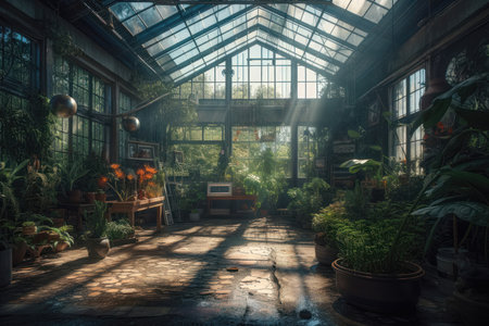a glass greenhouse in stunning detail, allowing viewers to explore every aspect of this fascinating structure. The use of glass in the construction of the greenhouse allows natural light to flood the interior, highlighting the many plants and flowers growing inside. The level of detail in the image is impressive, with every leaf, stem, and flower petal rendered in intricate detail.の写真素材