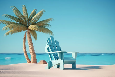 a beach chair placed on a pristine tropical beach, overlooking the clear turquoise waters of the sea. The beach chair is shown in vivid detail, with its bright colors and inviting design inviting the viewer to relax and unwind. The sea beyond is crystal clear, with gentle waves lapping against the shore and palm trees swaying in the breeze.の写真素材