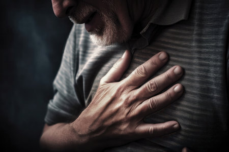 individuals in varying degrees of pain and distress due to a heart attack. Some individuals are clutching their chests, while others are holding their arms or have a look of agony on their faces.の写真素材