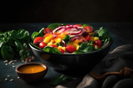 This colorful salad is a feast for both the eyes and the taste buds. The bowl is filled with a variety of fresh, crisp vegetables, such as lettuce, spinach, carrots, cucumbers, and tomatoes, providing a range of textures and flavors.の写真素材