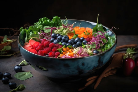 This colorful salad is a feast for both the eyes and the taste buds. The bowl is filled with a variety of fresh, crisp vegetables, such as lettuce, spinach, carrots, cucumbers, and tomatoes, providing a range of textures and flavors.の写真素材