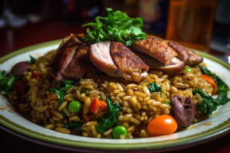 a delicious and hearty Portuguese rice dish called Arroz de Pato. The dish features succulent pieces of duck meat, flavorful chorizo sausage, and a variety of vegetables all mixed together with rice to create a rich and savory flavor.の写真素材