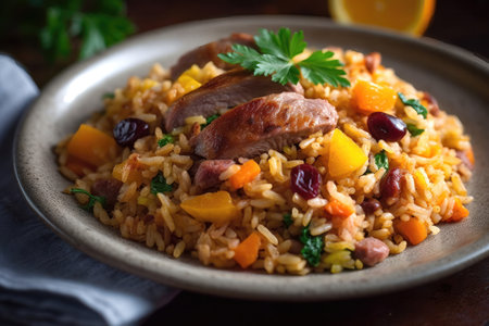a delicious and hearty Portuguese rice dish called Arroz de Pato. The dish features succulent pieces of duck meat, flavorful chorizo sausage, and a variety of vegetables all mixed together with rice to create a rich and savory flavor.の写真素材