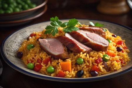 a delicious and hearty Portuguese rice dish called Arroz de Pato. The dish features succulent pieces of duck meat, flavorful chorizo sausage, and a variety of vegetables all mixed together with rice to create a rich and savory flavor.の写真素材