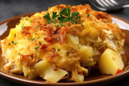 a classic Portuguese dish called Bacalhau Ã  BrÃ¡s, a flavorful and satisfying dish made with salted cod, potatoes, onions, and eggs. The dish is a staple of Portuguese cuisine and is enjoyed by locals and visitors alike.の写真素材