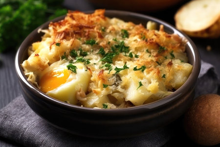 a classic Portuguese dish called Bacalhau Ã  BrÃ¡s, a flavorful and satisfying dish made with salted cod, potatoes, onions, and eggs. The dish is a staple of Portuguese cuisine and is enjoyed by locals and visitors alike.の写真素材