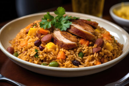 a delicious and hearty Portuguese rice dish called Arroz de Pato. The dish features succulent pieces of duck meat, flavorful chorizo sausage, and a variety of vegetables all mixed together with rice to create a rich and savory flavor.の写真素材