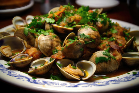 a delicious and flavorful dish of Carne de Porco in Alentejana, a traditional Portuguese dish that is popular throughout the country. The dish is made with tender pieces of fried pork, accompanied by fresh clams, garlic, and coriander.の写真素材