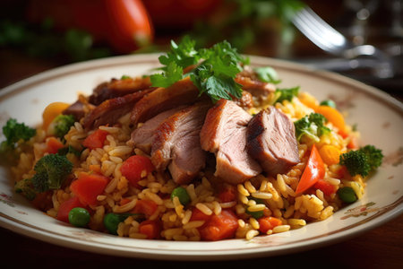 a delicious and hearty Portuguese rice dish called Arroz de Pato. The dish features succulent pieces of duck meat, flavorful chorizo sausage, and a variety of vegetables all mixed together with rice to create a rich and savory flavor.の写真素材