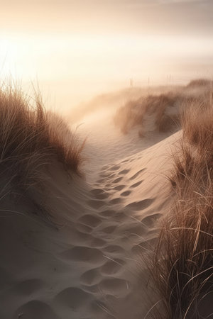 a minimalist coastal scene with a sand dune, beach grass, and a foggy shoreline. The soft muted waves gently lap at the shore, creating a soothing and tranquil atmosphere.の写真素材
