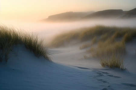 a minimalist coastal scene with a sand dune, beach grass, and a foggy shoreline. The soft muted waves gently lap at the shore, creating a soothing and tranquil atmosphere.の写真素材