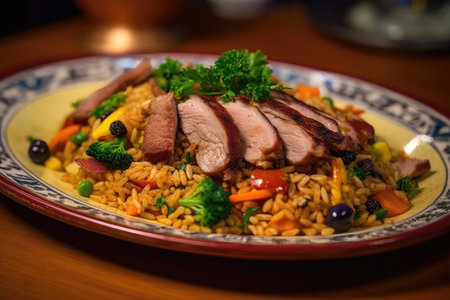 a delicious and hearty Portuguese rice dish called Arroz de Pato. The dish features succulent pieces of duck meat, flavorful chorizo sausage, and a variety of vegetables all mixed together with rice to create a rich and savory flavor.の写真素材